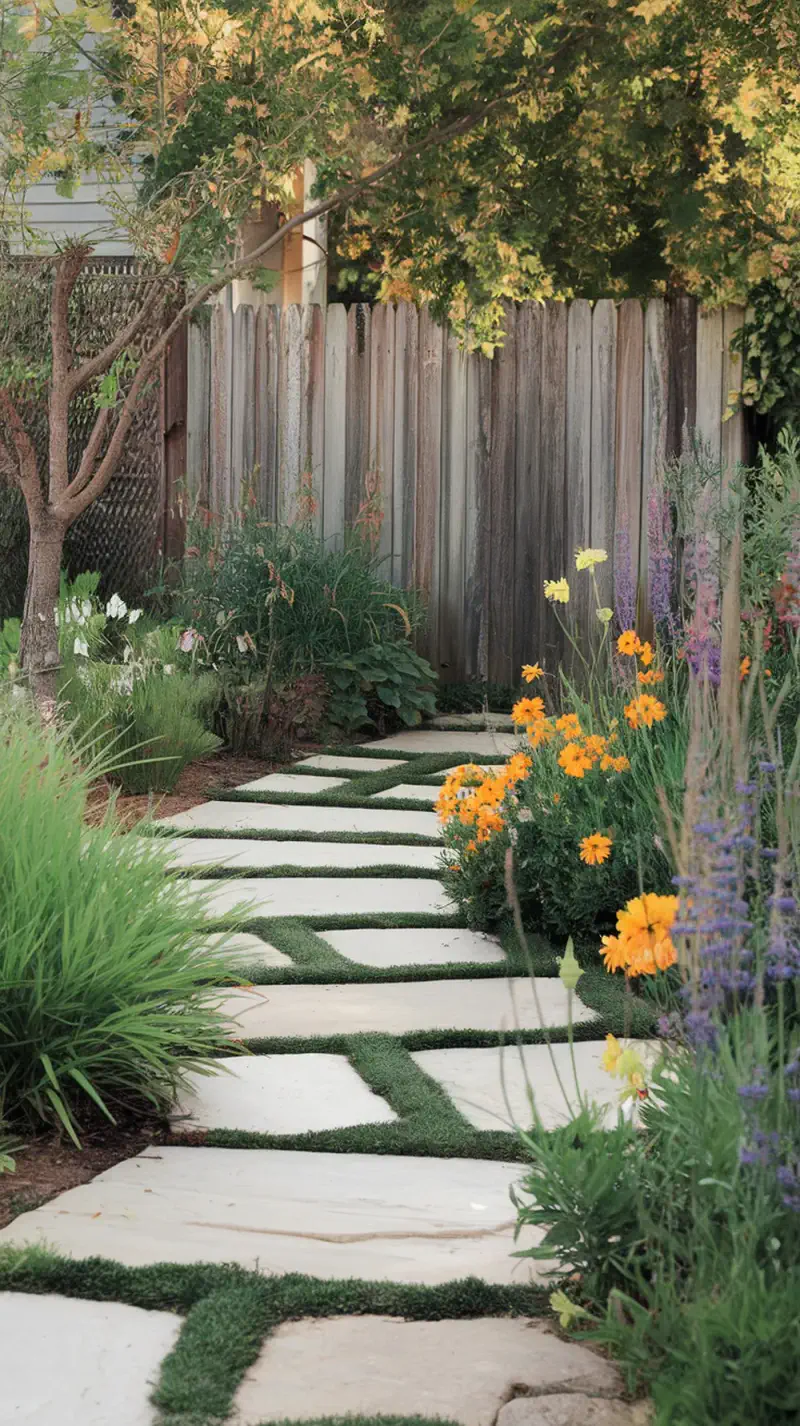 A front yard walkway made of stone pavers with grass and colorful flowers.