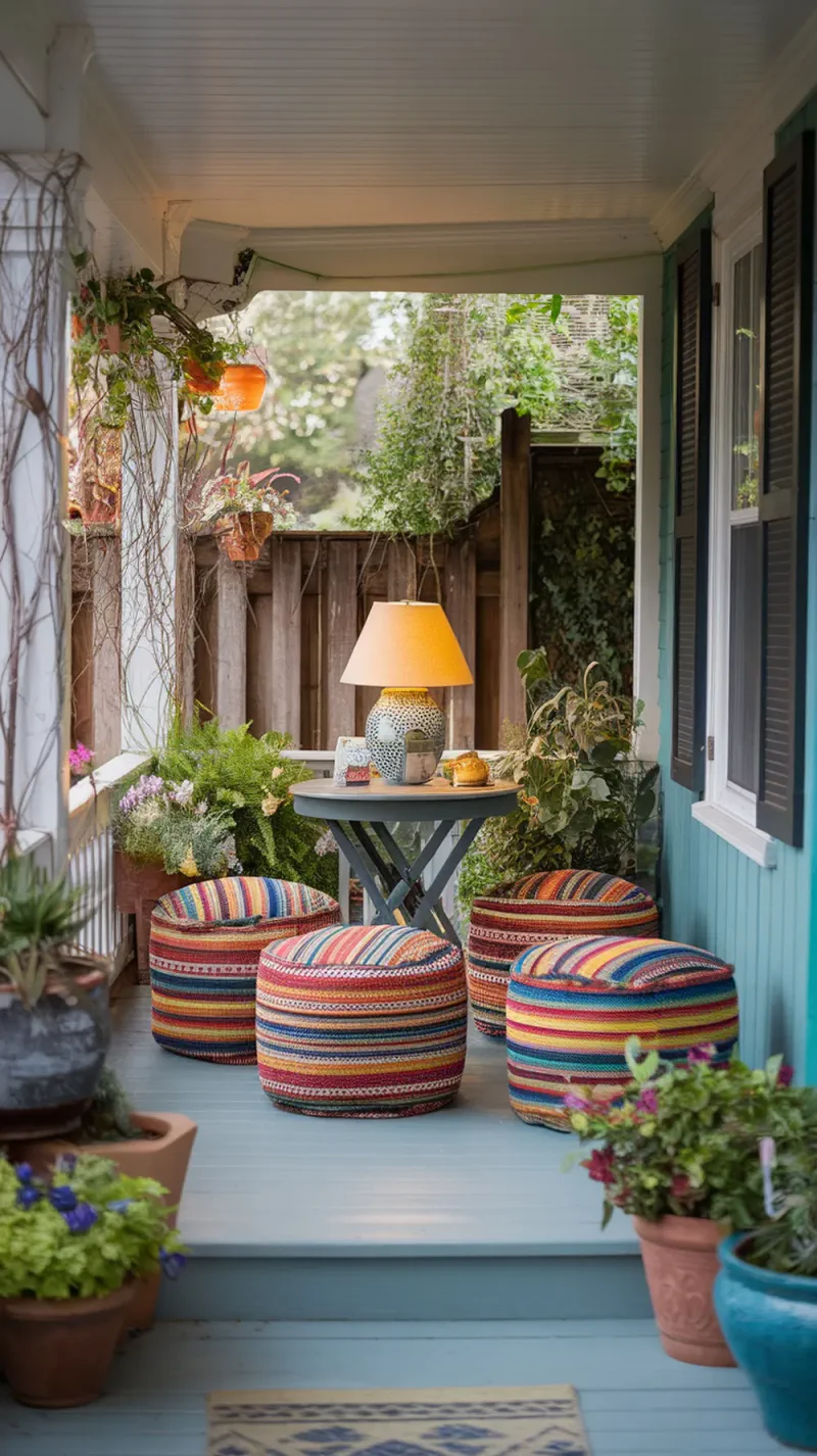 Colorful poufs on a front porch with plants and a small table.