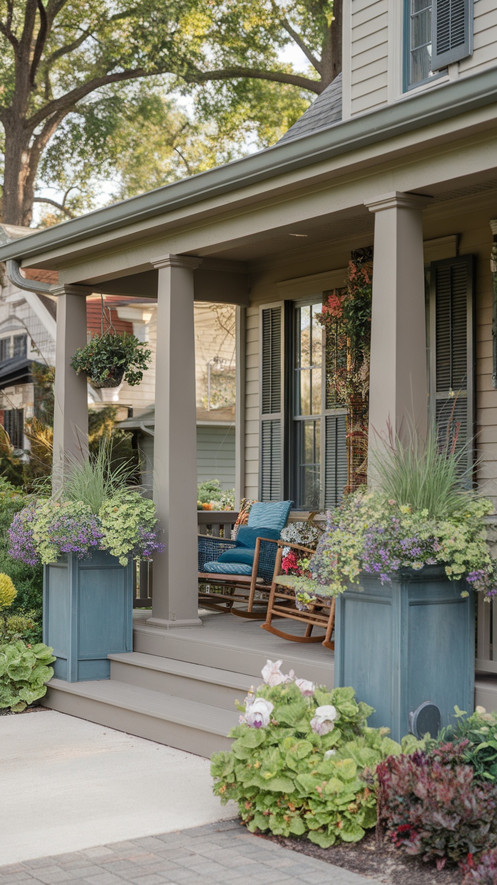 A double wide front porch with tall planters filled with flowers on both ends, accompanied by a rocking chair and decorative elements.