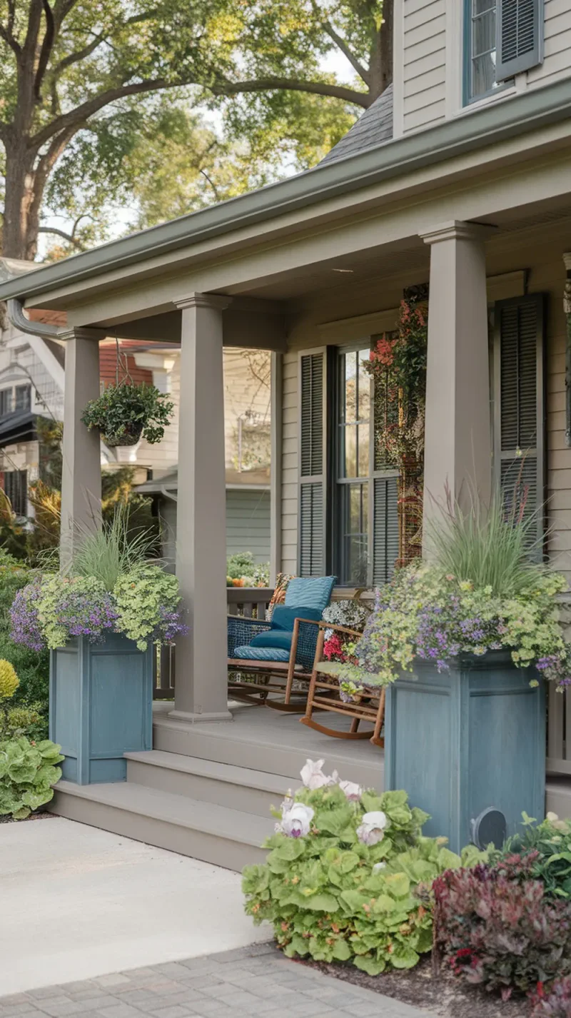 A double wide front porch with tall planters filled with flowers on both ends, accompanied by a rocking chair and decorative elements.