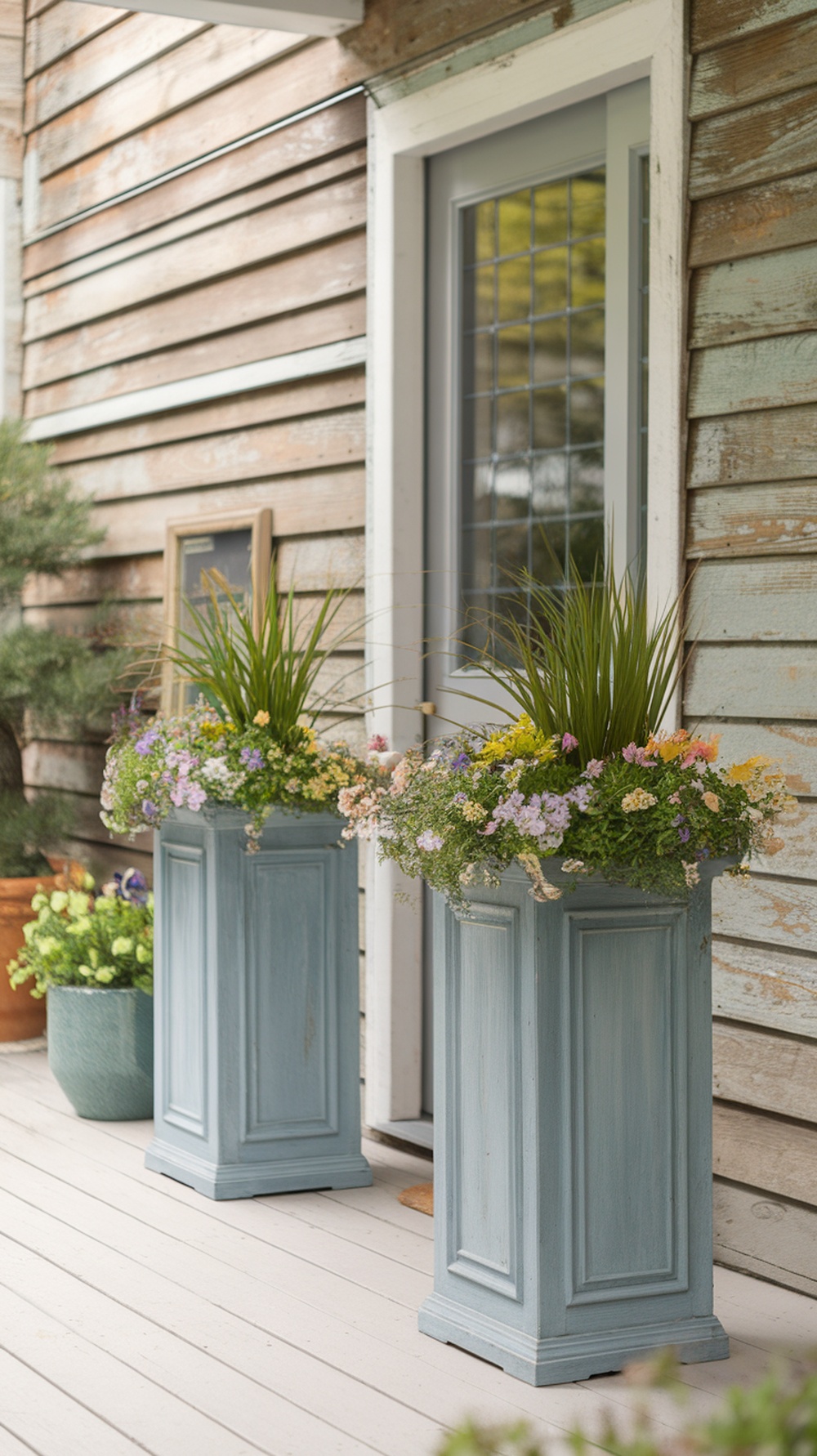 Two tall blue planters filled with flowers on either side of a front door.