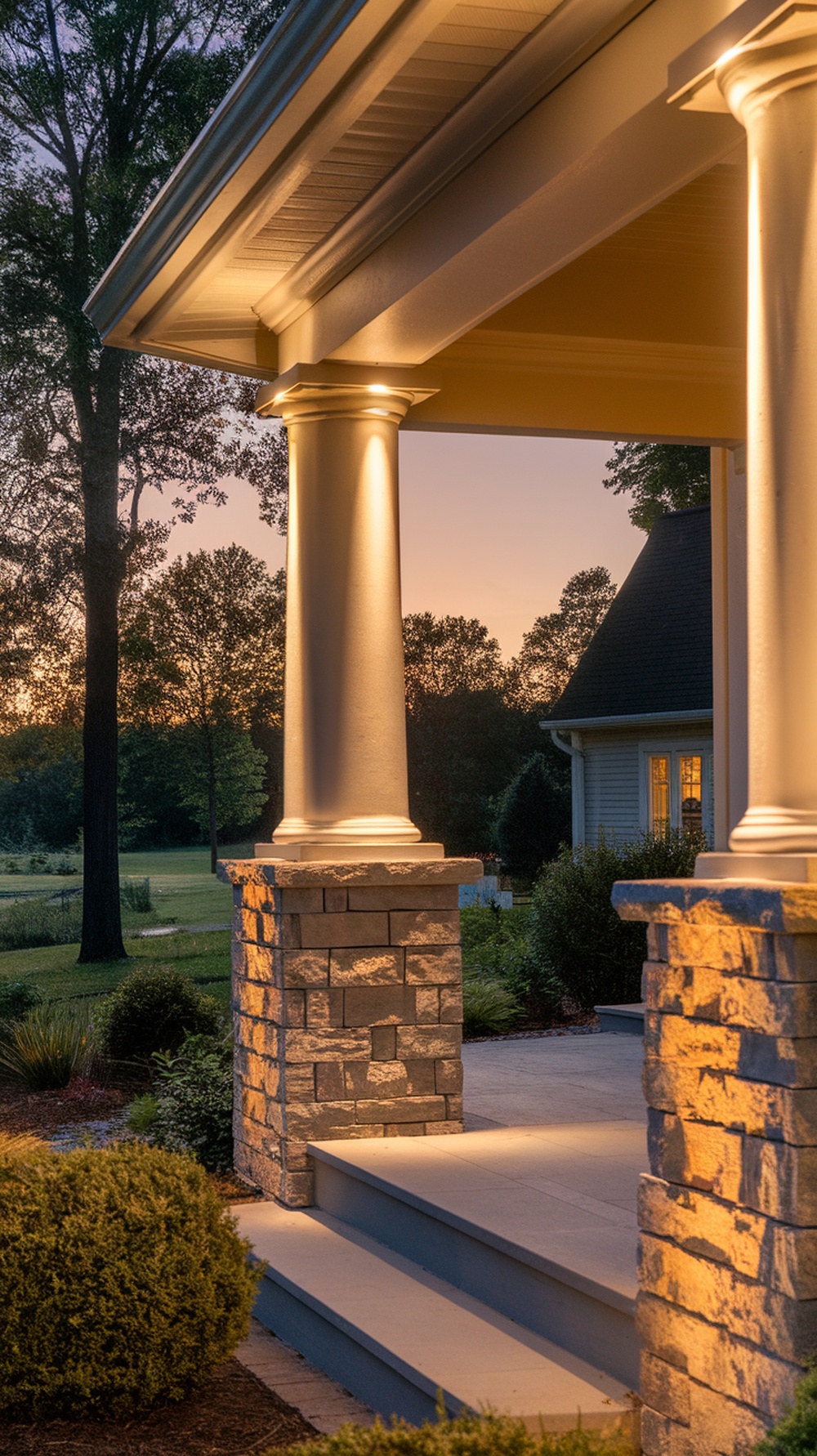 Front porch with uplighting highlighting columns and stonework during sunset.