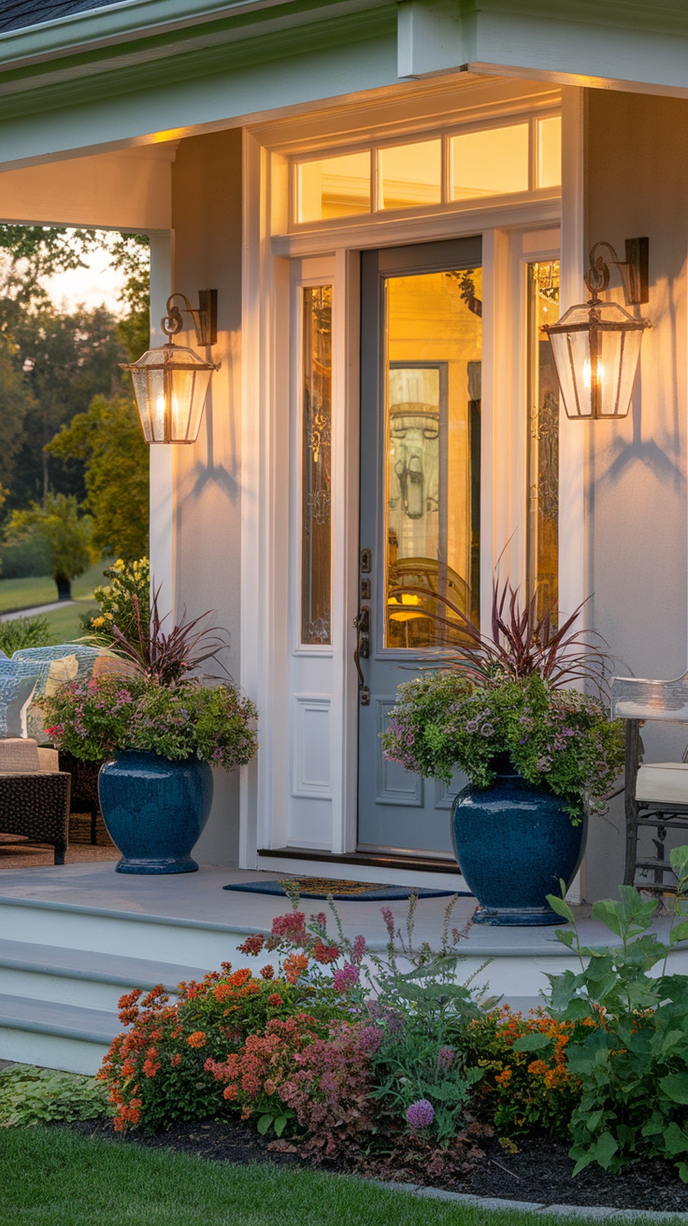 Front porch with wall sconces on either side of the door, featuring colorful flower planters.