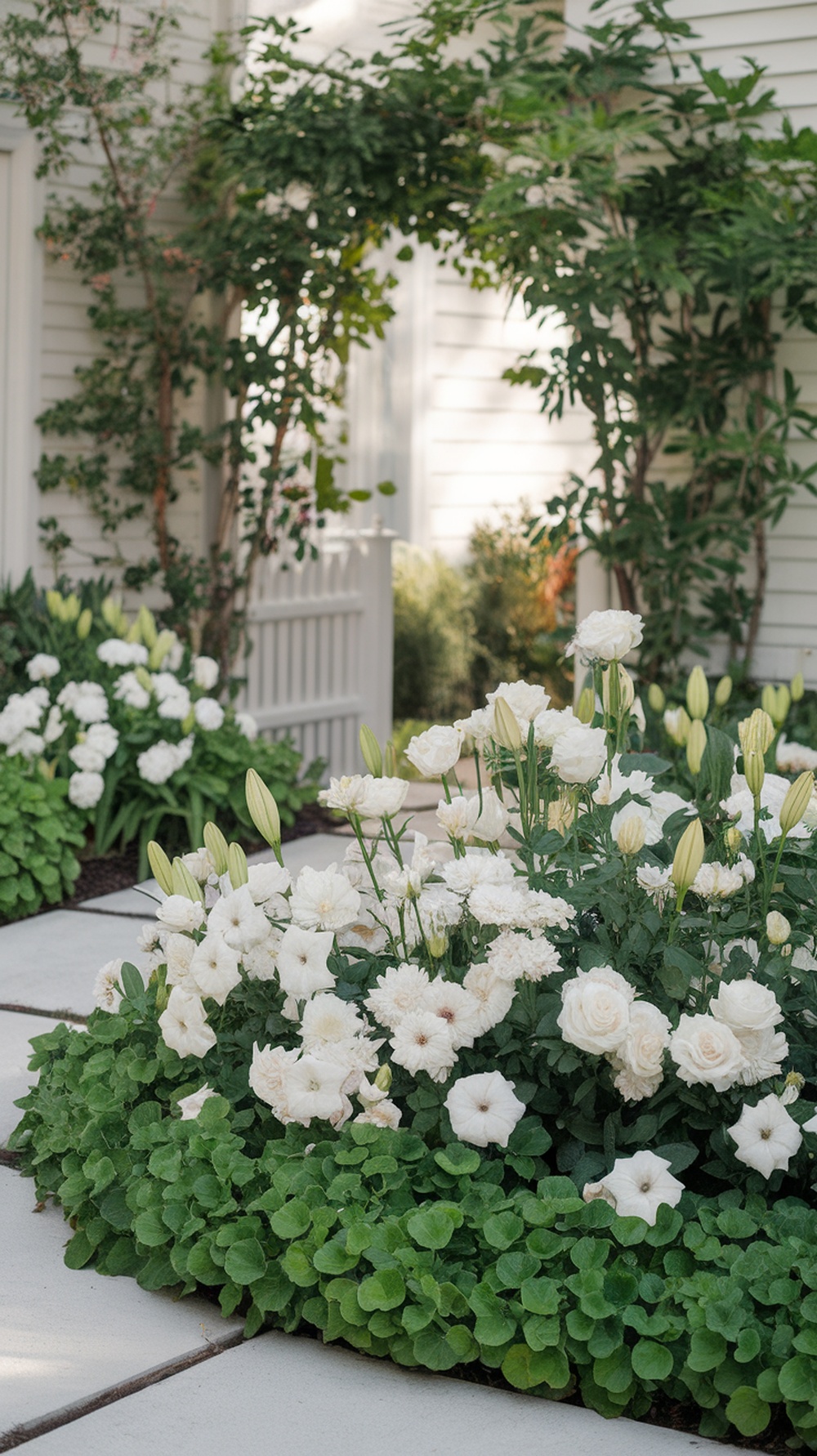 A flower bed filled with white flowers and green foliage in a front yard setting.