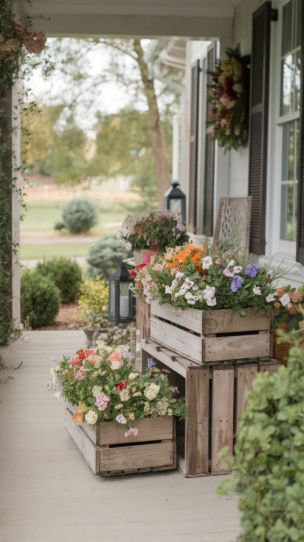 Wooden crates filled with colorful flowers on a front porch.