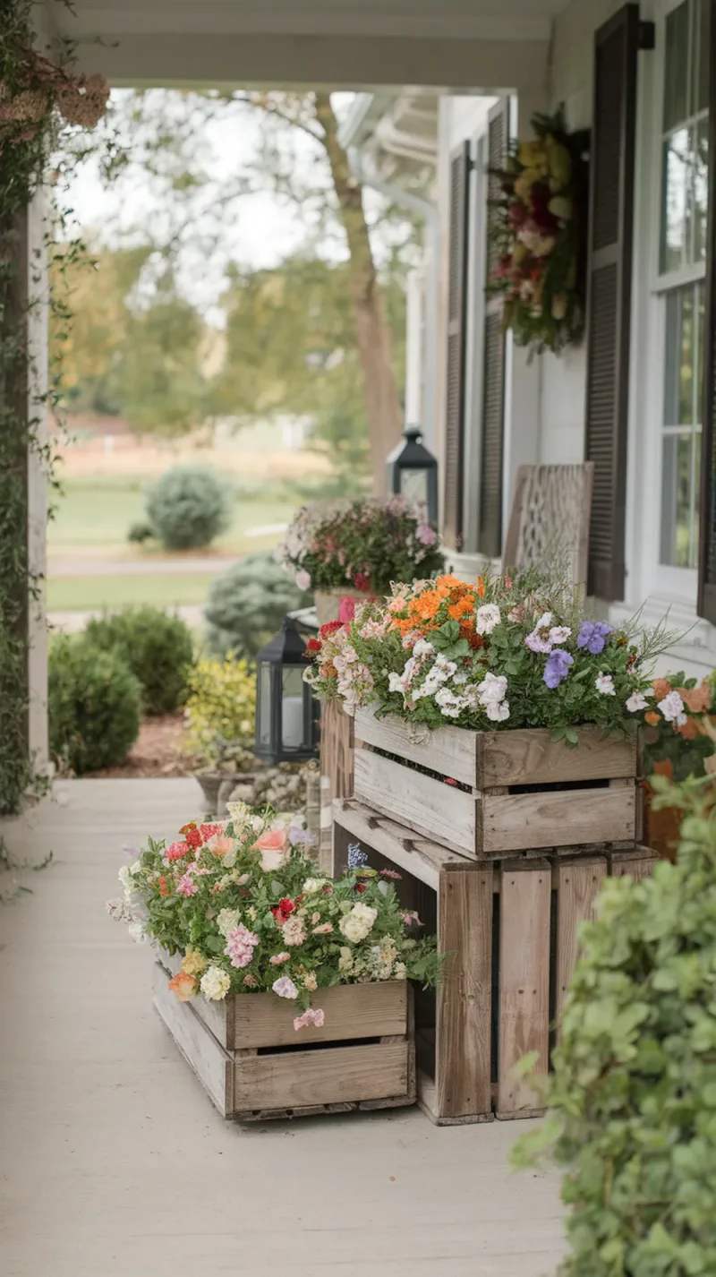 Wooden crates filled with colorful flowers on a front porch.