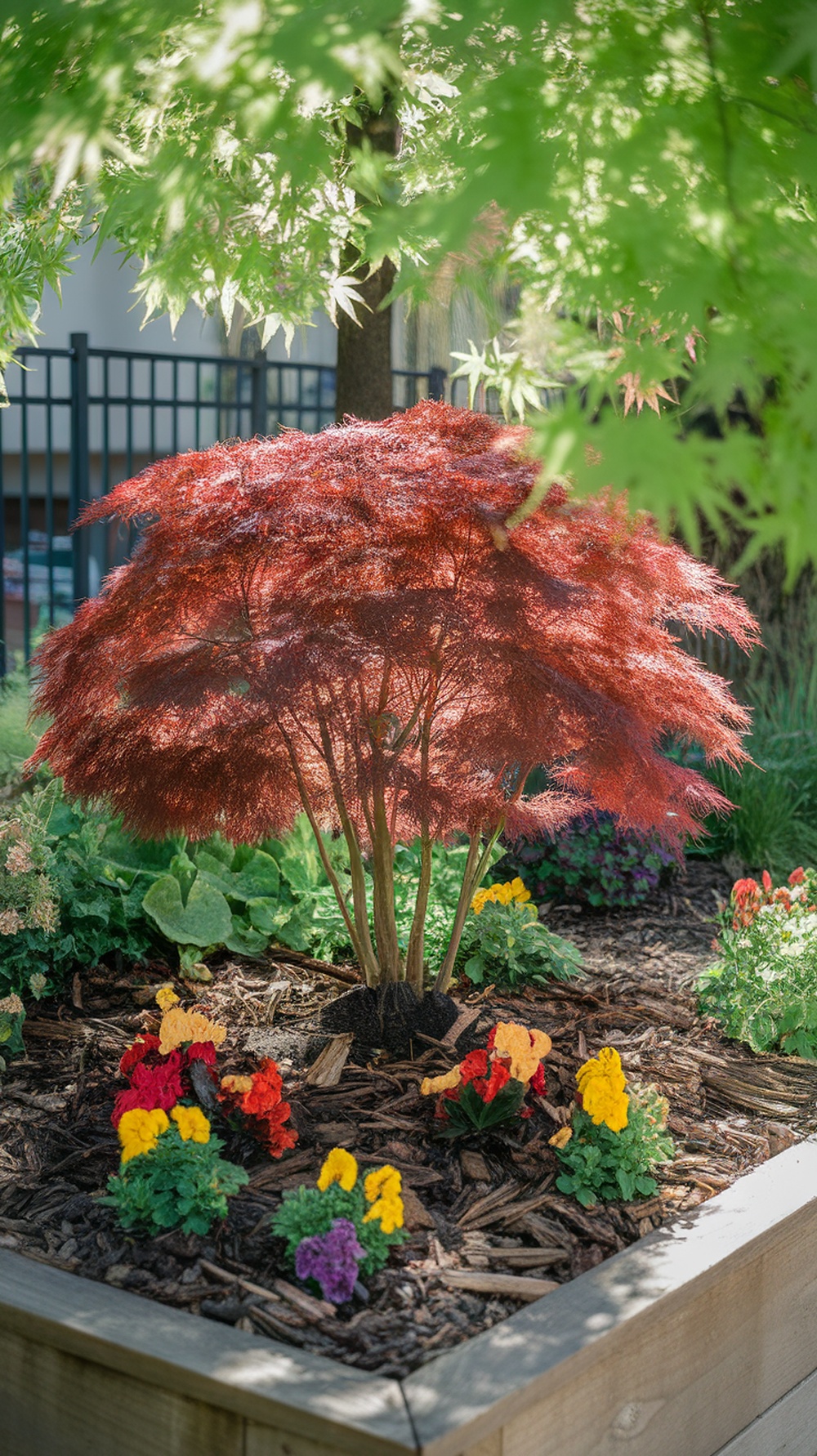 A vibrant Japanese maple tree surrounded by colorful flowers in a raised bed.