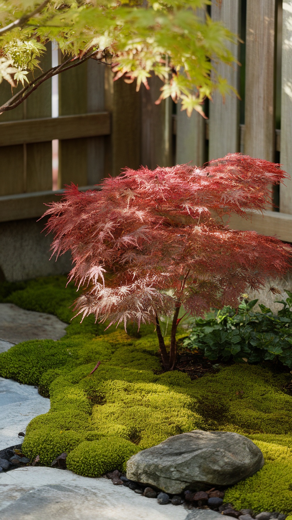 Japanese maple tree surrounded by soft moss in a corner garden