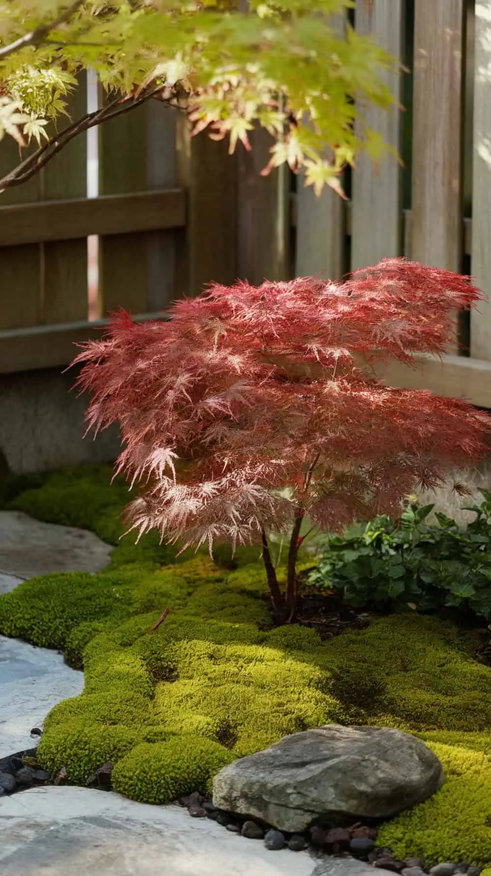 Japanese maple tree surrounded by soft moss in a corner garden