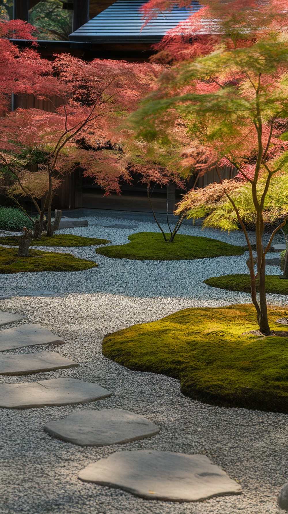 Japanese maple trees in a gravel garden with stone paths
