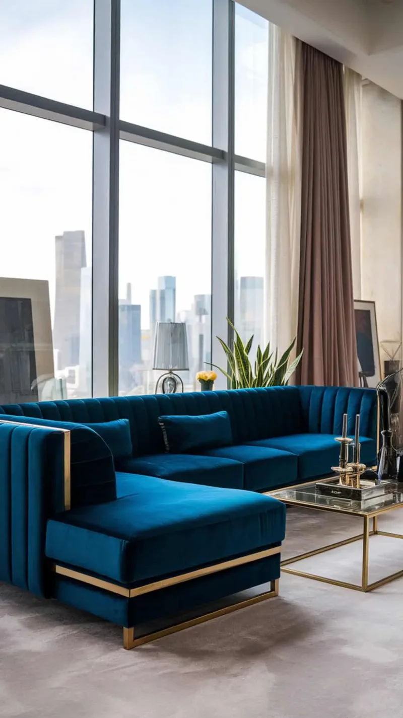 Luxurious deep blue velvet L-shape sofa with brass accents in a modern living room setting