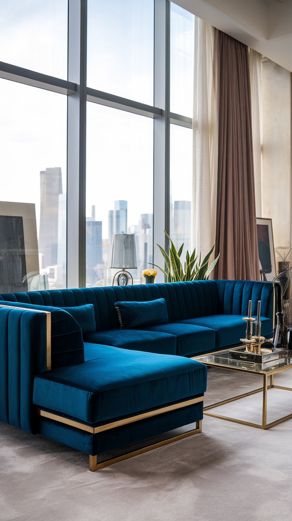Luxurious deep blue velvet L-shape sofa with brass accents in a modern living room setting