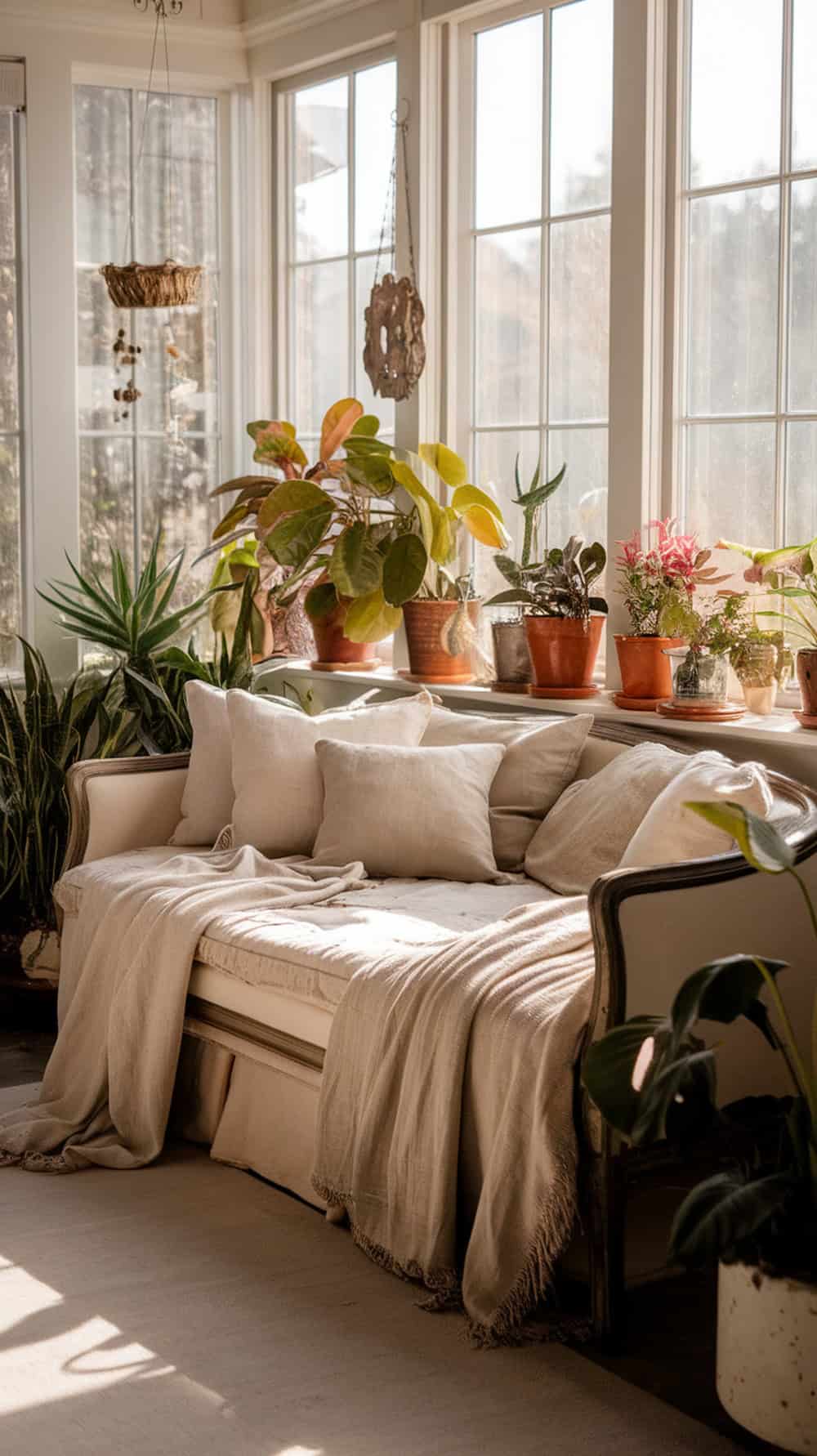 A vintage daybed adorned with linen throws in a sunroom filled with plants.
