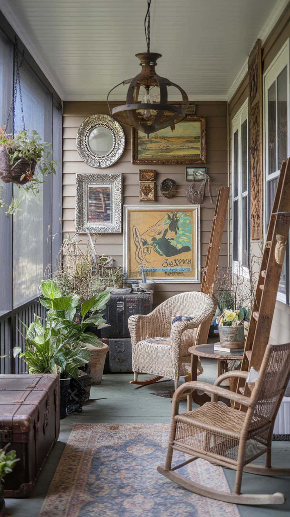 A cozy screened-in porch decorated with various wall art and mirrors.