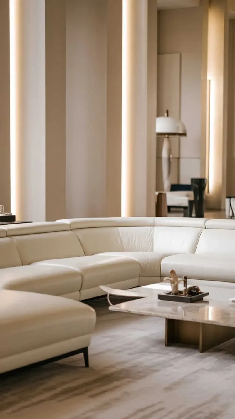 A modern living room featuring a white leather L-shape couch and a marble coffee table.