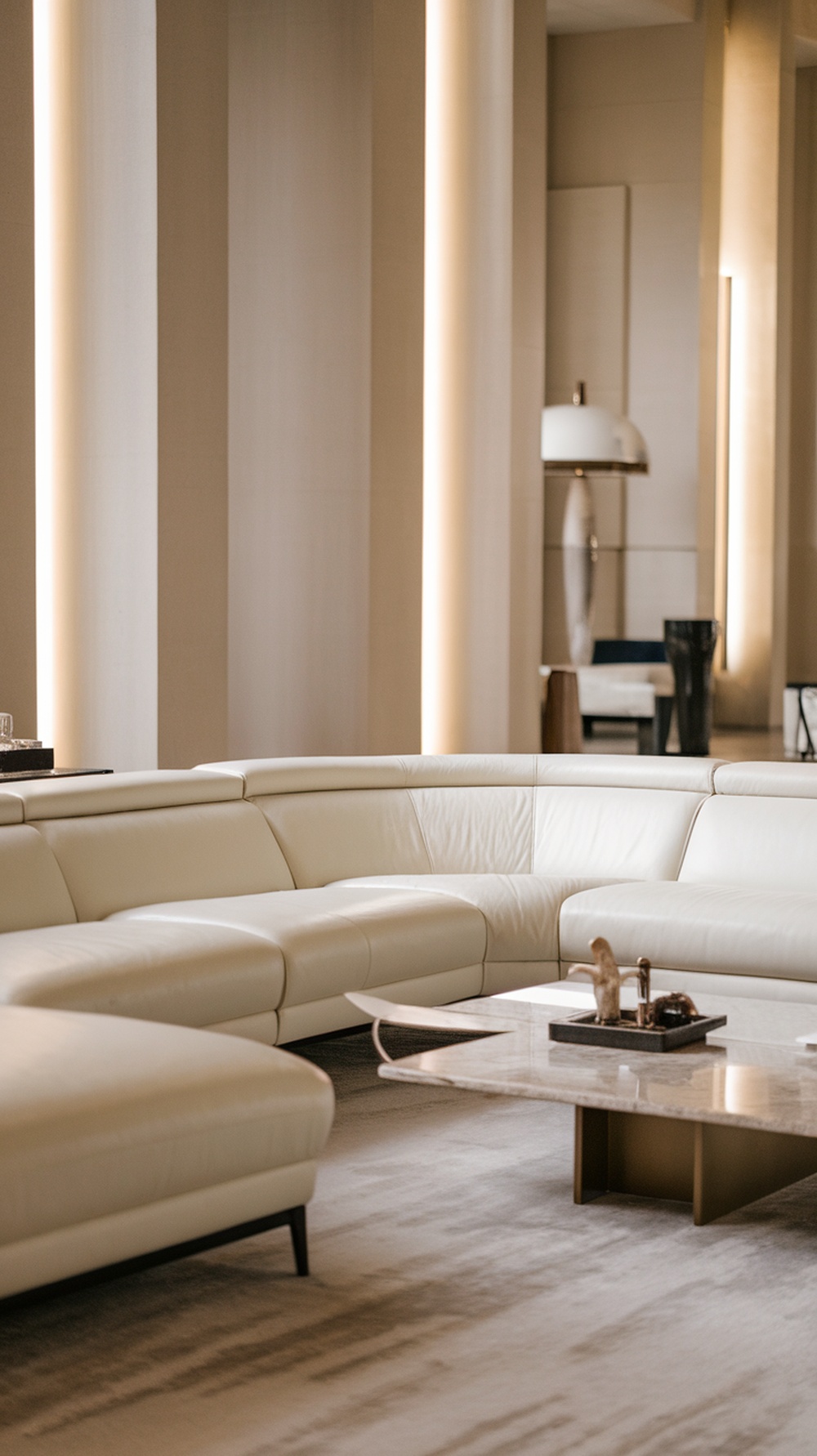 A modern living room featuring a white leather L-shape couch and a marble coffee table.