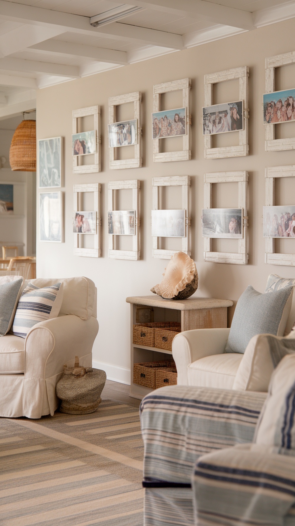 Living room decor with whitewashed frames displaying family photos on the wall
