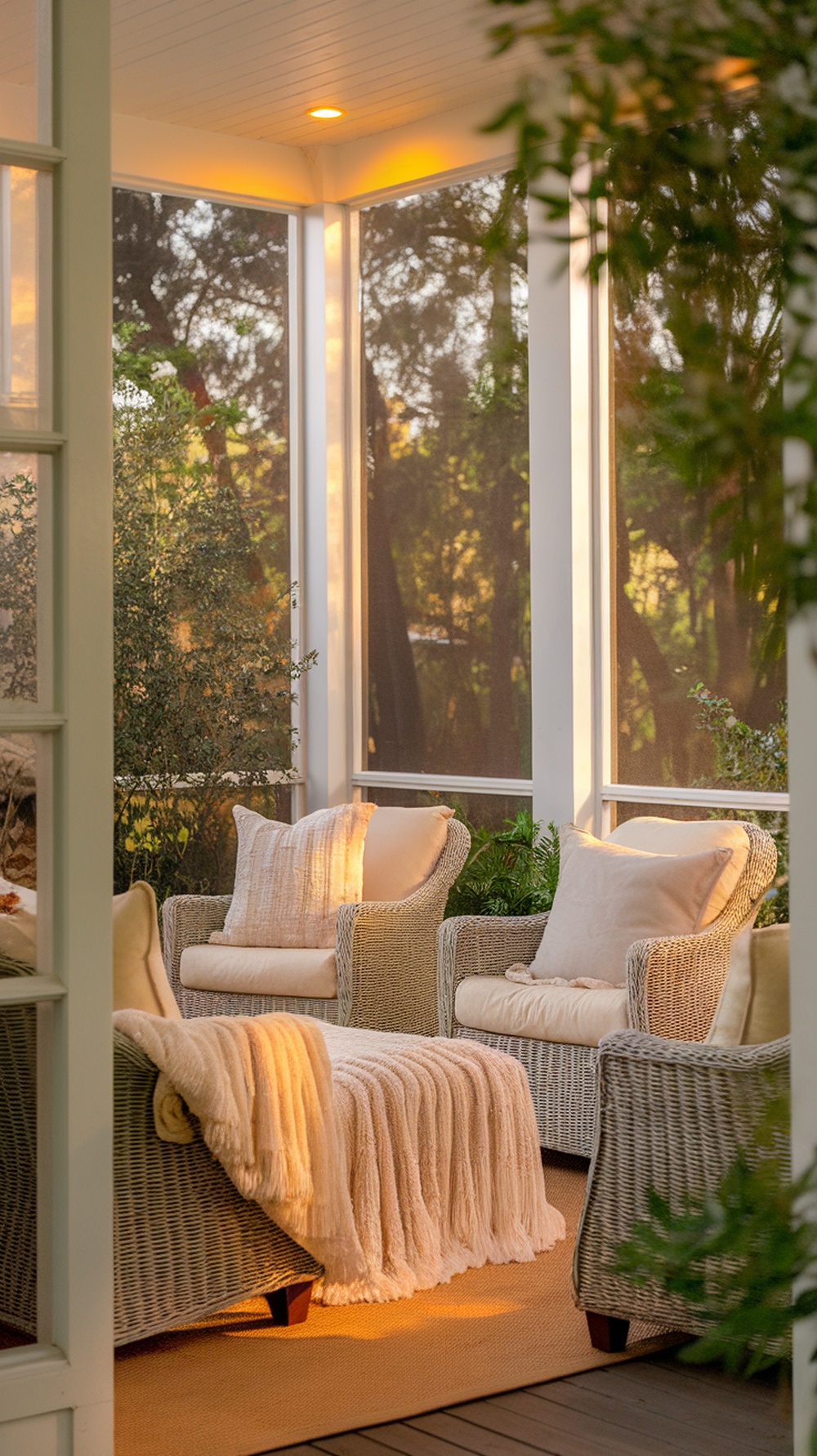 A cozy screened-in porch with wicker furniture and soft covers.
