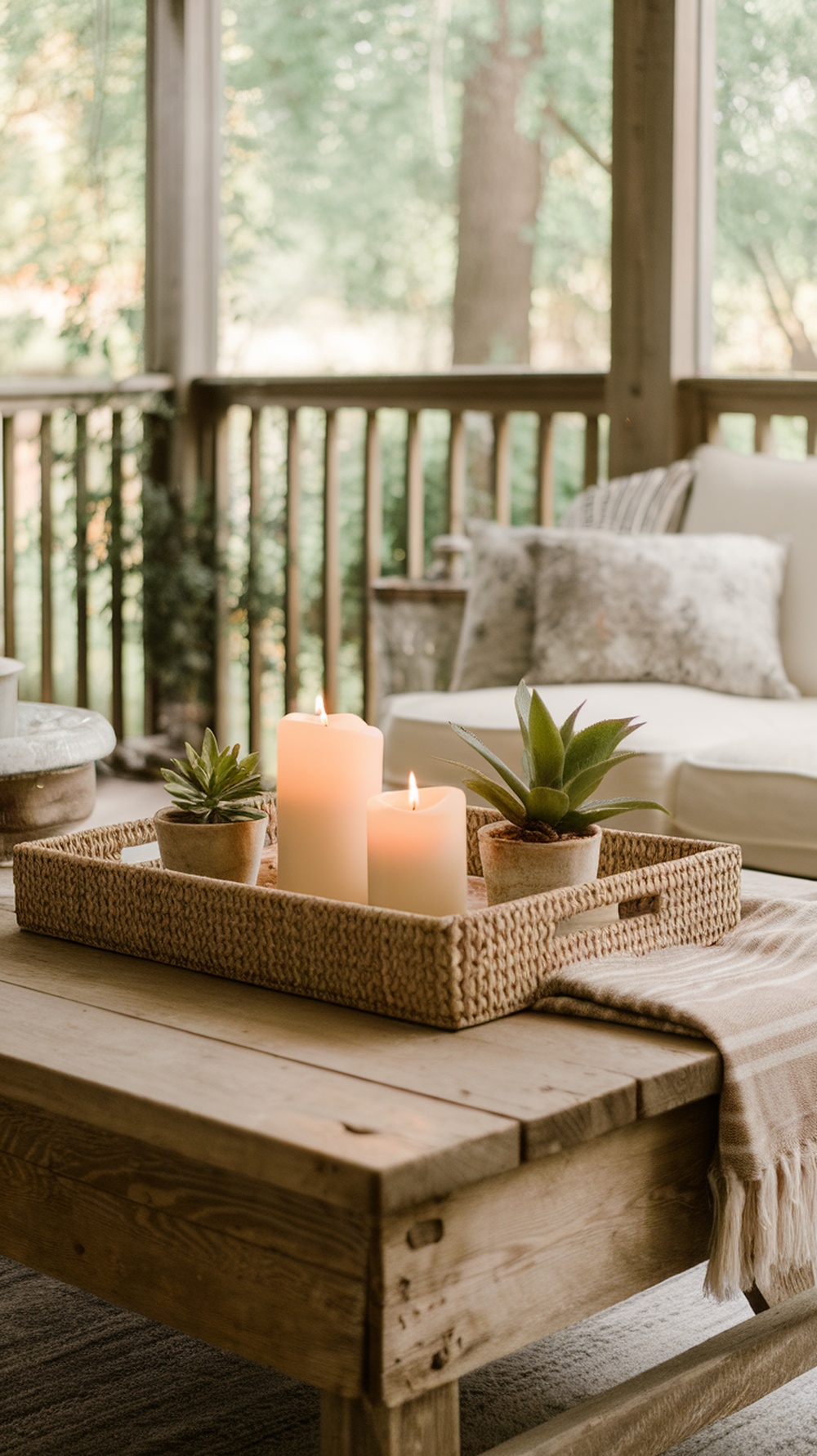 A wooden coffee table with a woven tray featuring candles and small plants, set on a screened-in porch