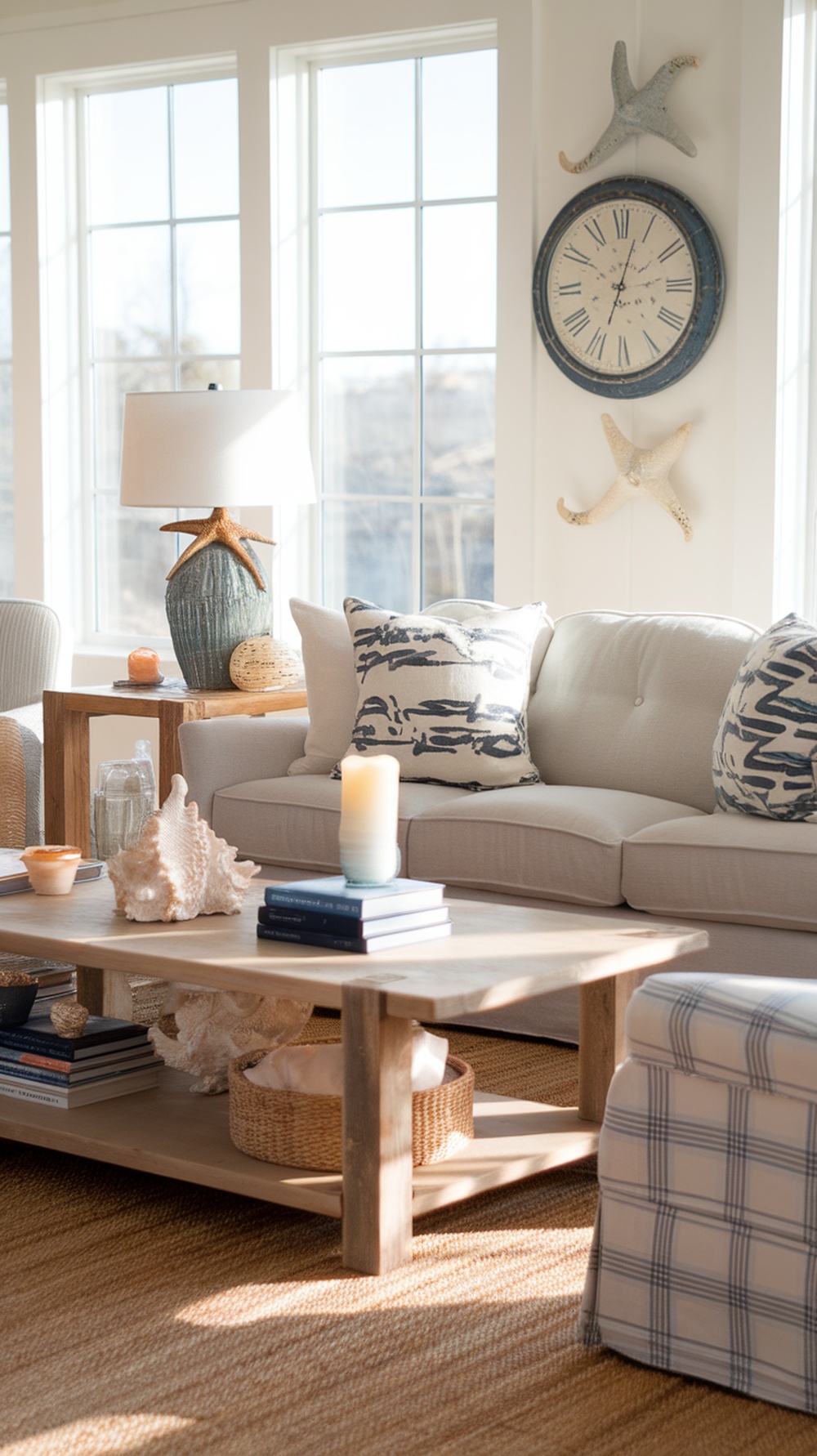 Cozy beach living room with a woven jute rug under the sofa, light furniture, and beach-themed decor.