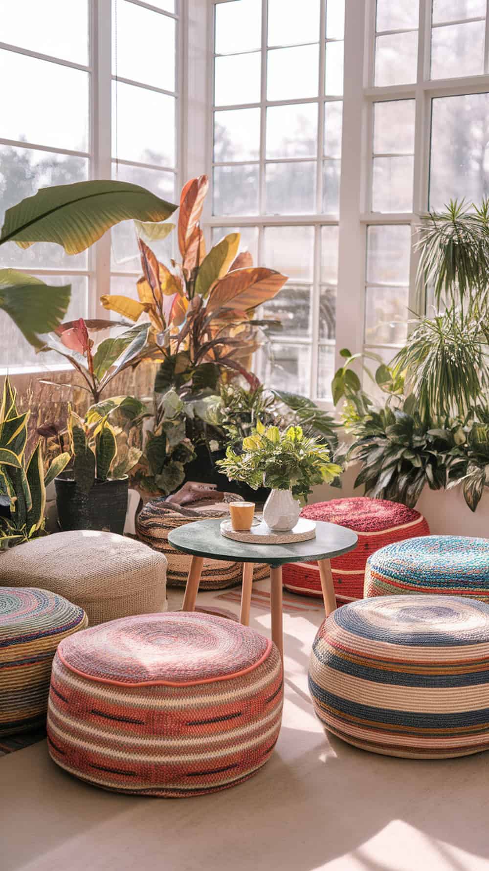 Colorful woven poufs in a sunroom surrounded by plants.