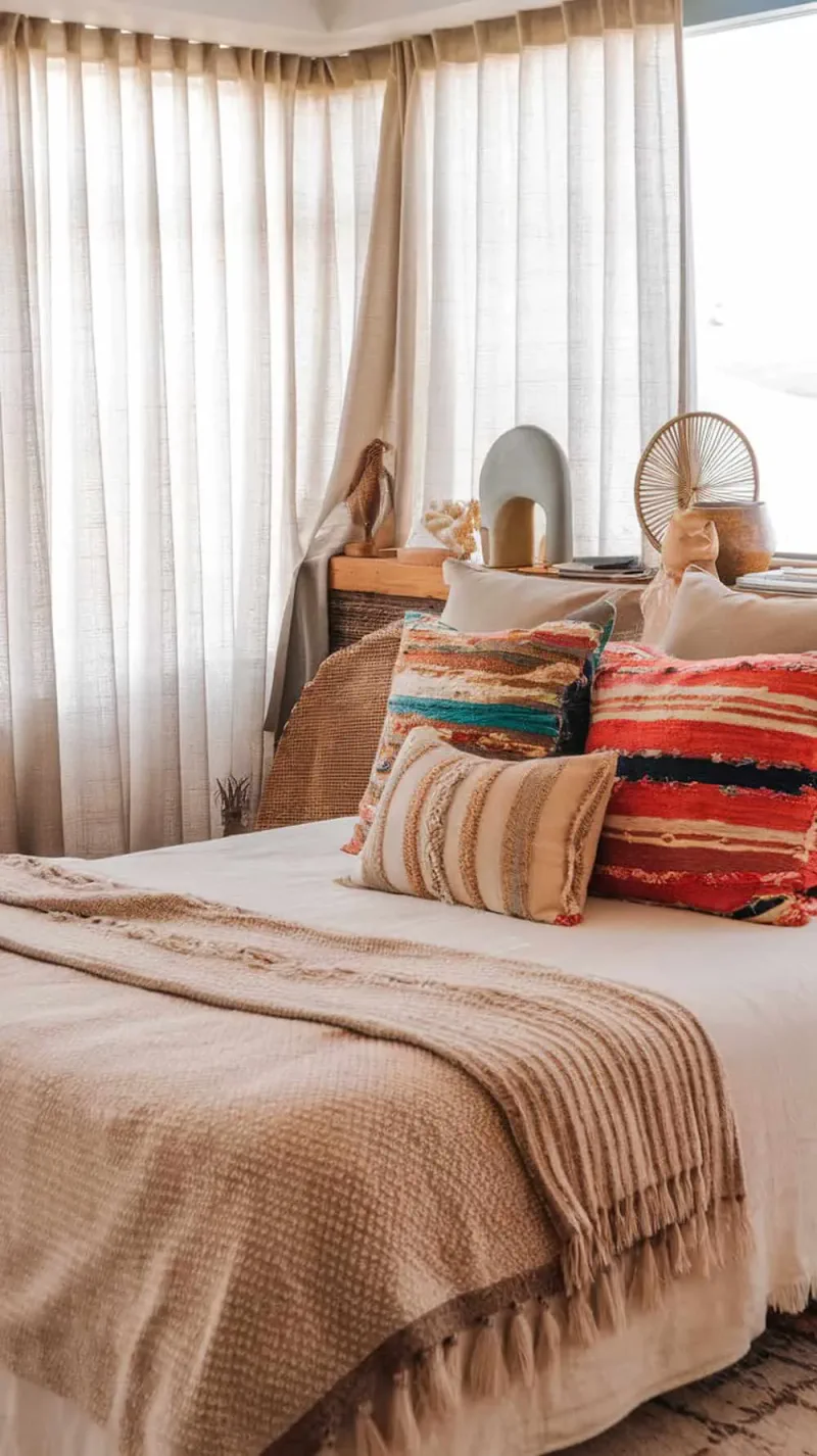A cozy bedroom with a bed adorned with various pillows in boho prints and beachy hues.