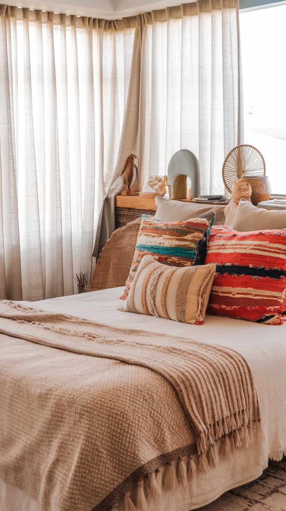 A cozy bedroom with a bed adorned with various pillows in boho prints and beachy hues.
