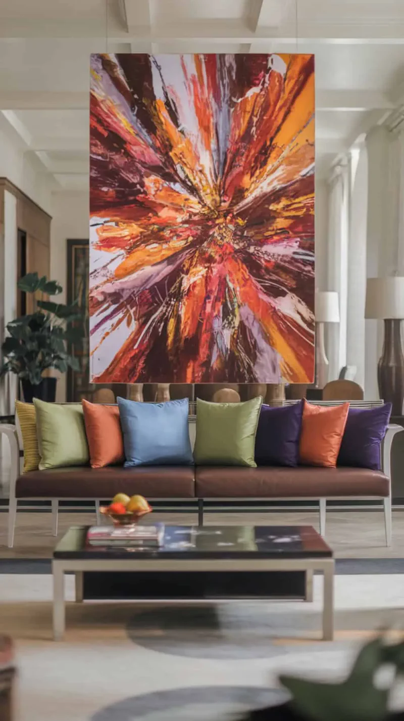 A minimalist sofa with colorful pillows under a vibrant abstract art piece.