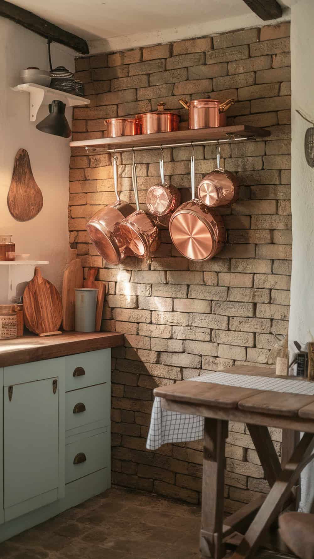 Aged brick kitchen backsplash with hanging copper pots.