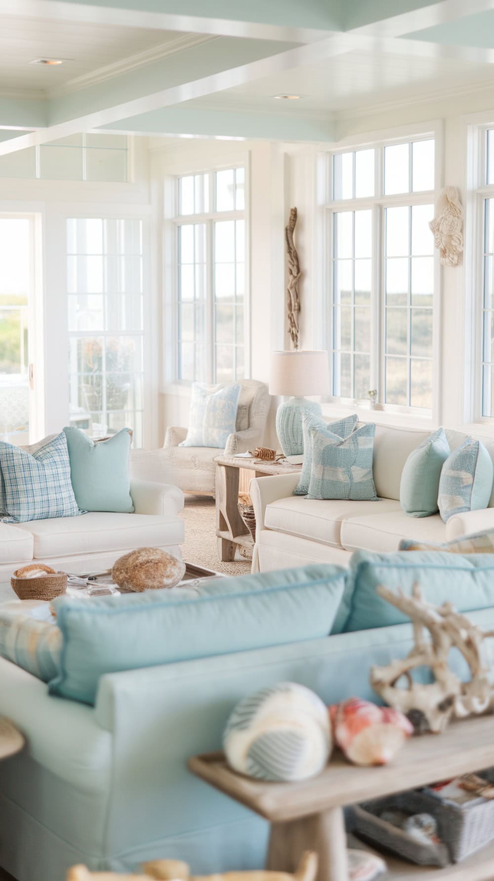A bright and airy coastal living room with light blue and white colors, large windows, and beach-themed decor.