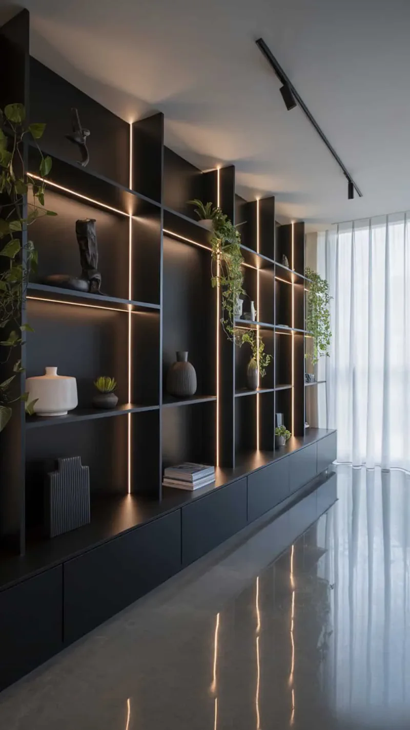 A modern living room with all-black shelving and accent lighting, showcasing decorative items and plants.