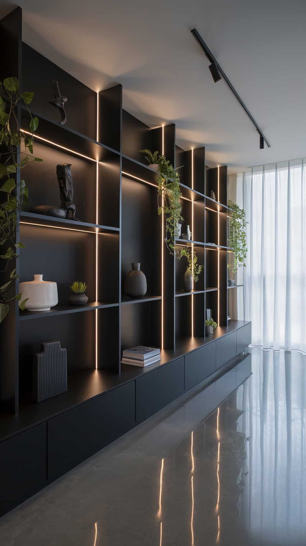 A modern living room with all-black shelving and accent lighting, showcasing decorative items and plants.