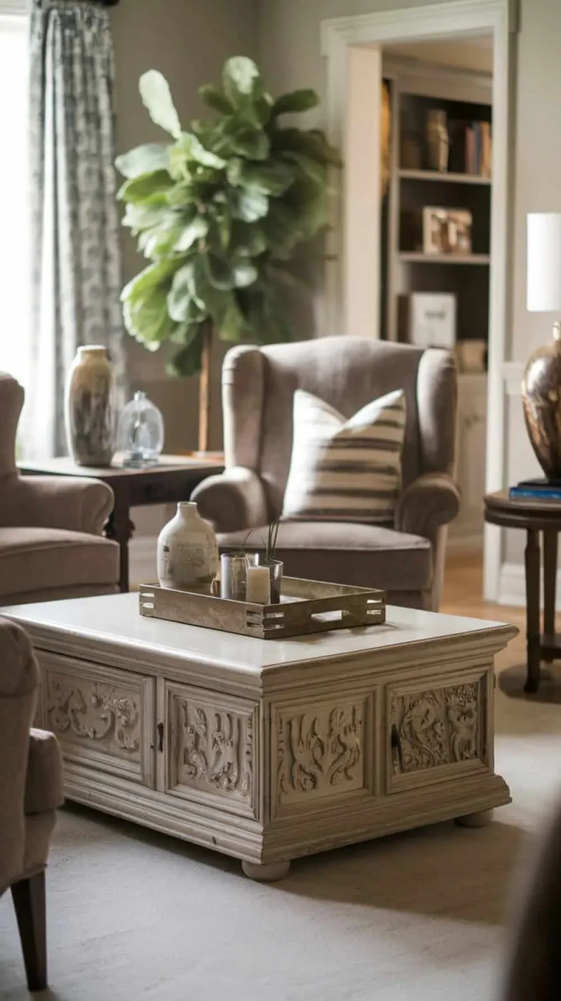 A cozy living room featuring an antique coffee table with intricate carvings, surrounded by comfortable chairs and decorative items.