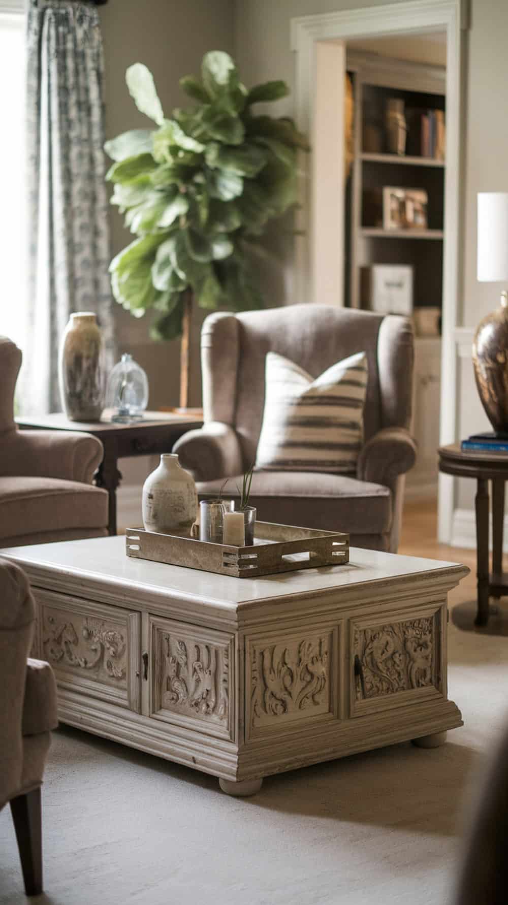A cozy living room featuring an antique coffee table with intricate carvings, surrounded by comfortable chairs and decorative items.