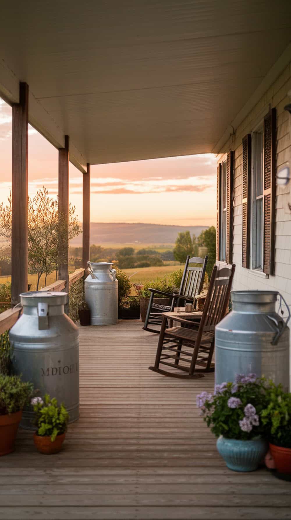 A serene farmhouse porch featuring antique milk cans, rocking chairs, and colorful potted plants.