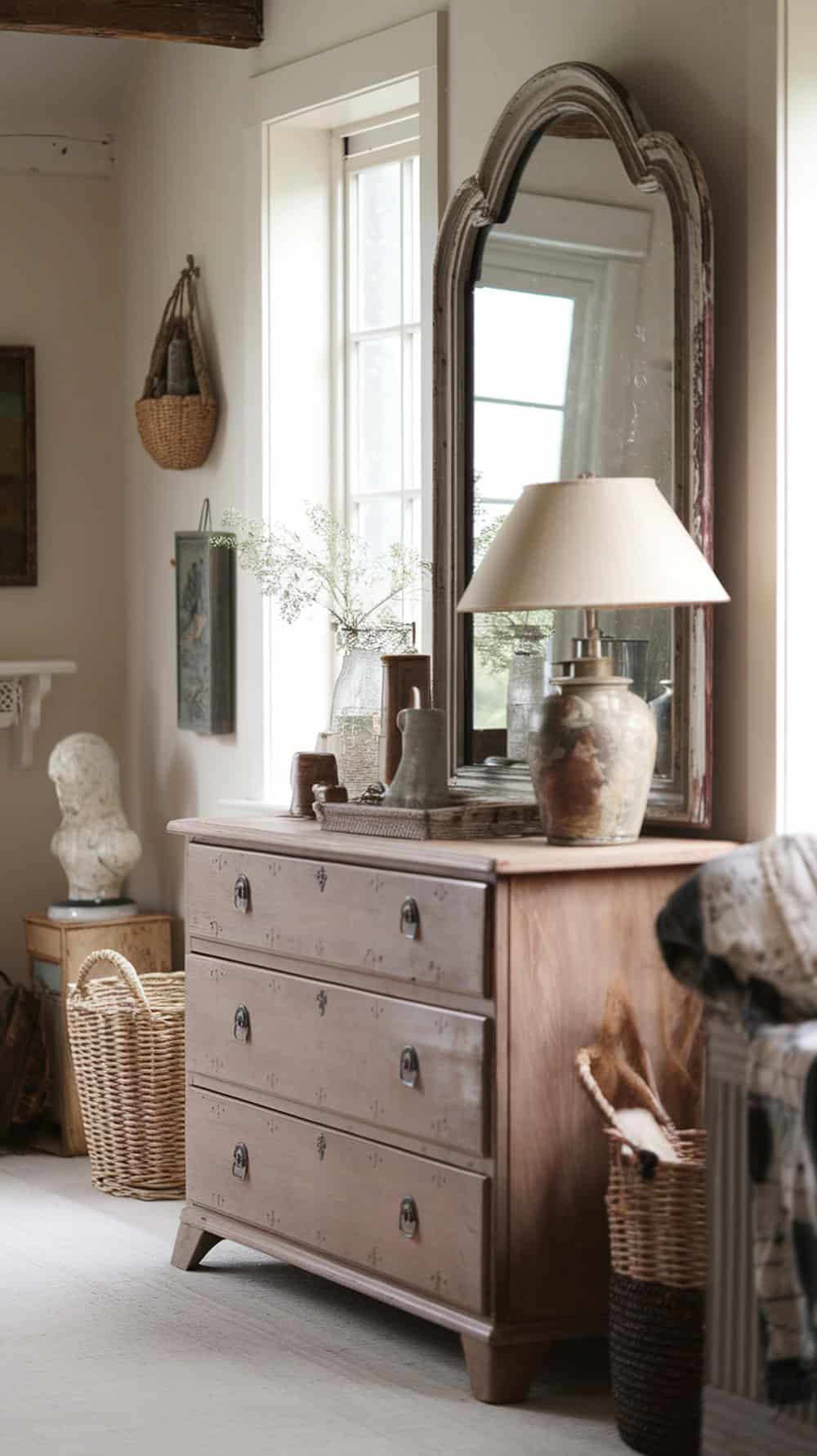 Antique mirror above a wooden dresser with decor items