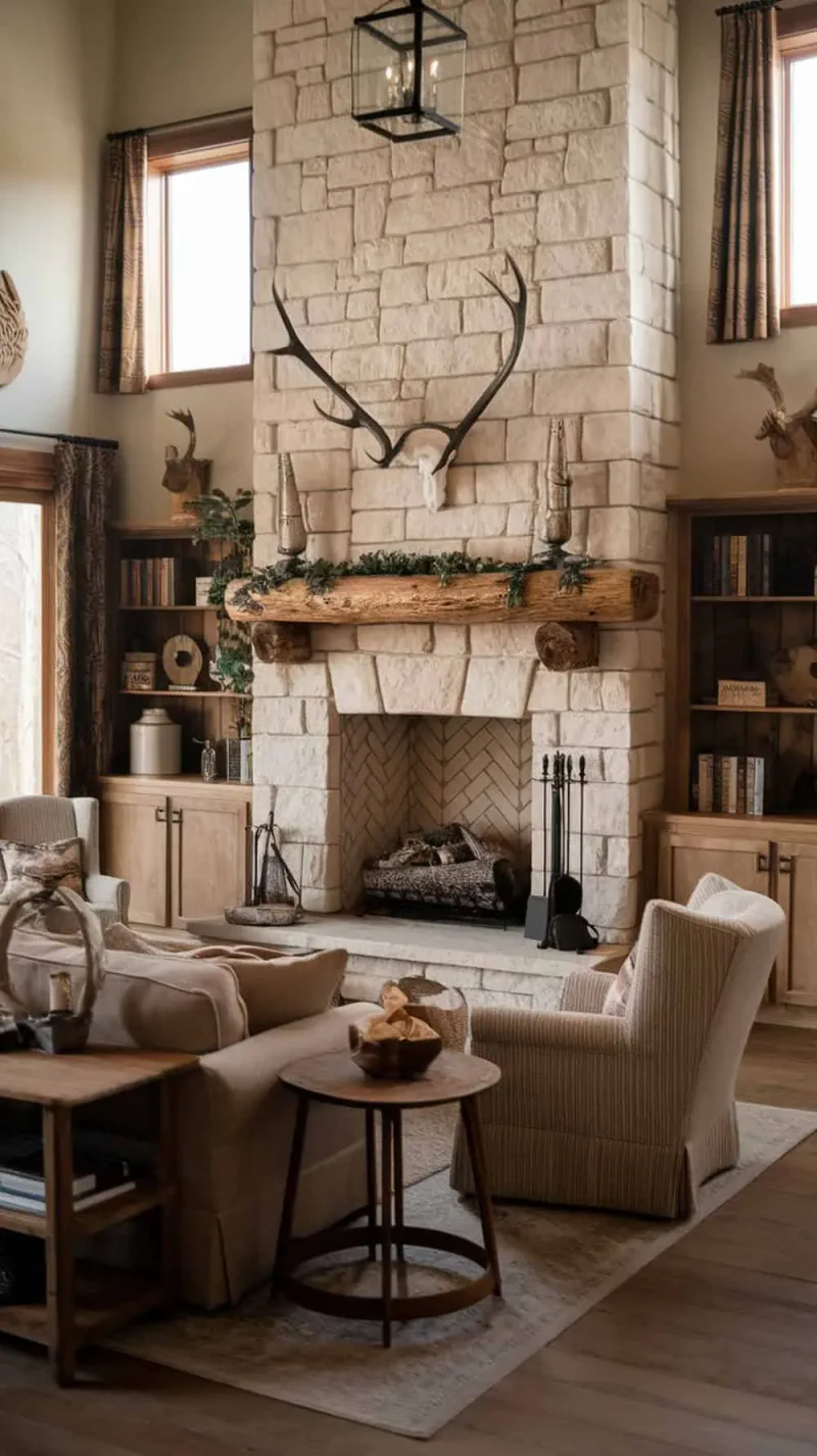 A cozy living room featuring a stone fireplace with antler decor above it.