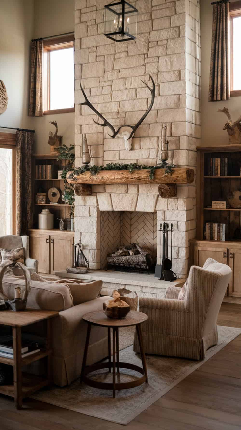 A cozy living room featuring a stone fireplace with antler decor above it.
