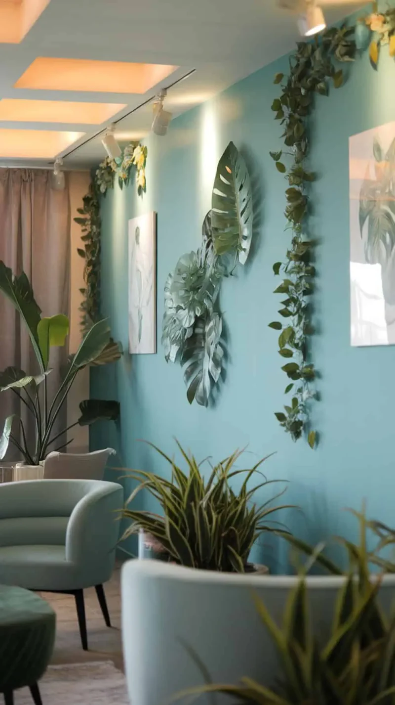 A living room with an aqua accent wall and leafy green decor, featuring plants and light-colored furniture.
