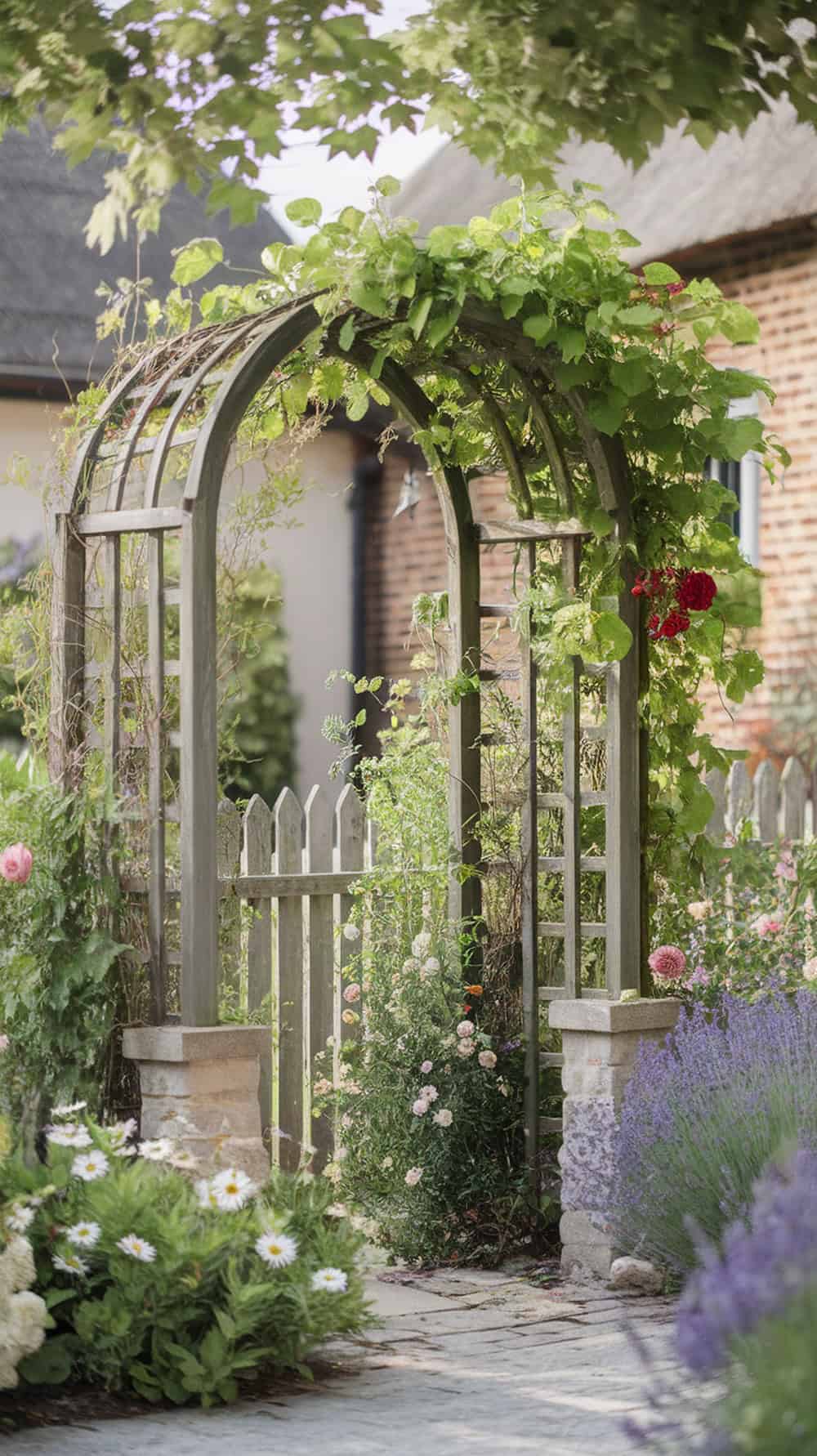 A wooden arched trellis covered in green vines, surrounded by colorful flowers in a cottage garden.