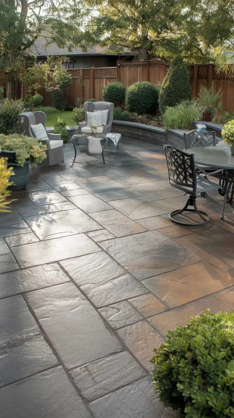 A patio with an ashlar slate pattern, featuring subtle highlights and surrounded by greenery.