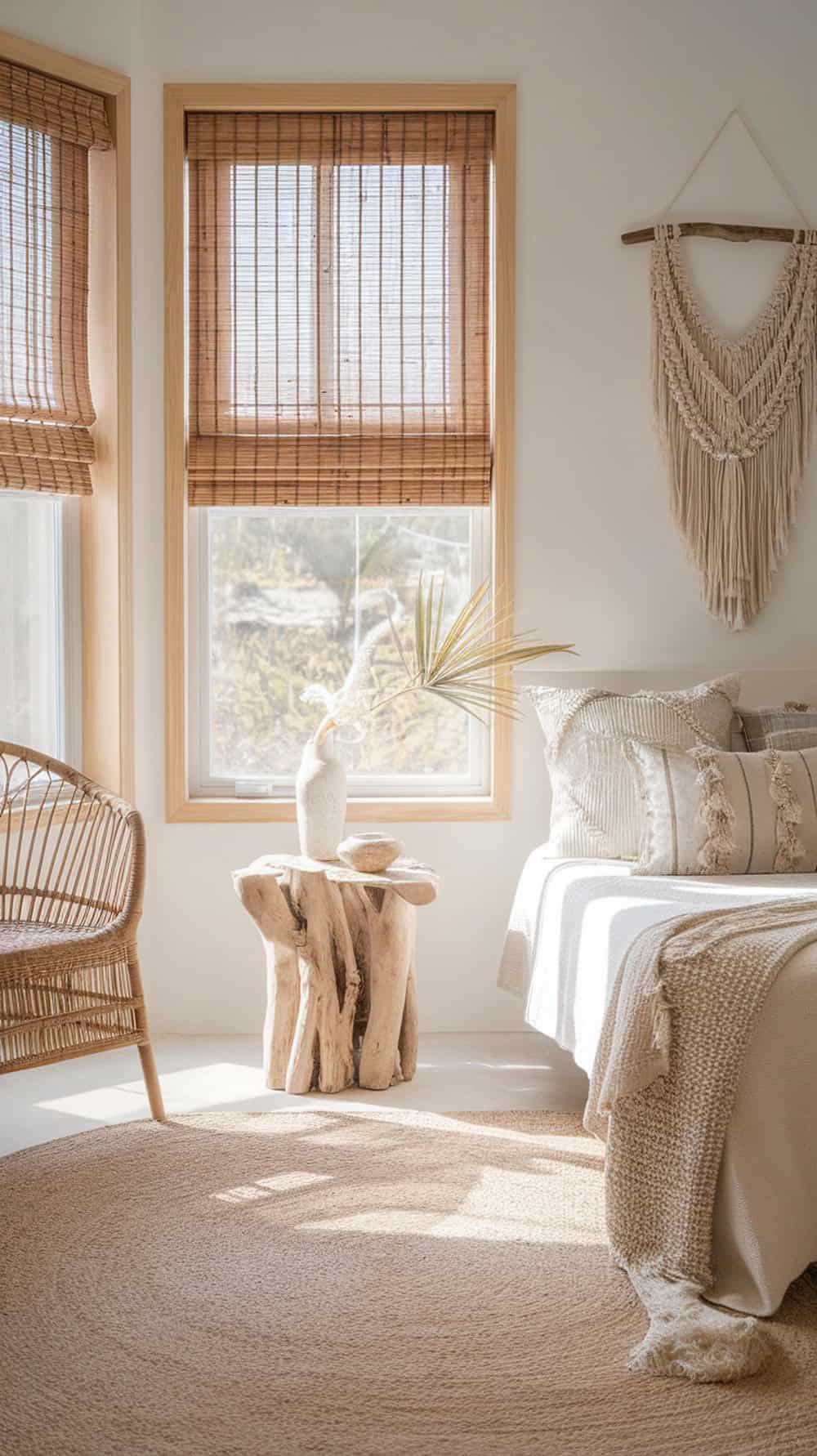 A cozy boho coastal bedroom featuring bamboo blinds and light wood window trim.