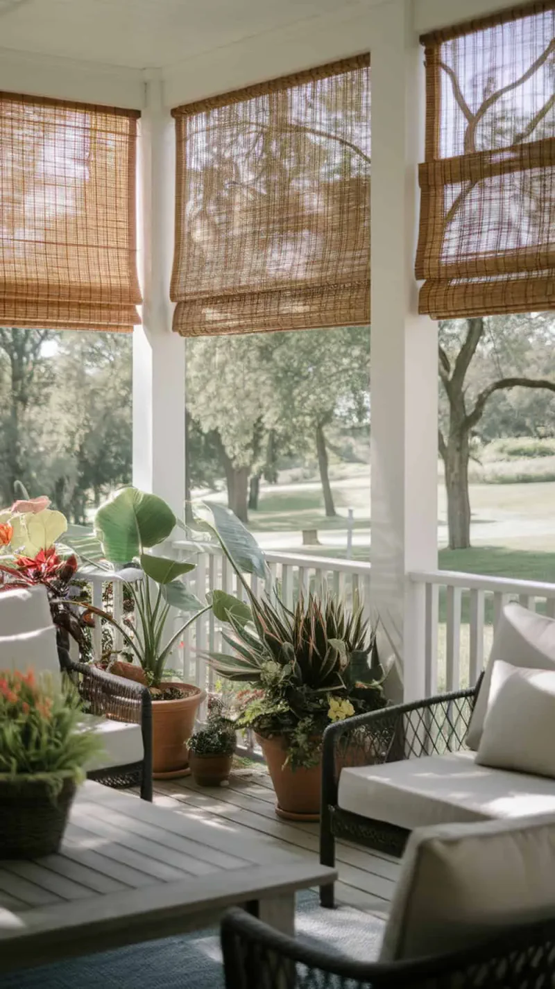 A porch with bamboo shades used as side panels, surrounded by plants and cozy furniture.