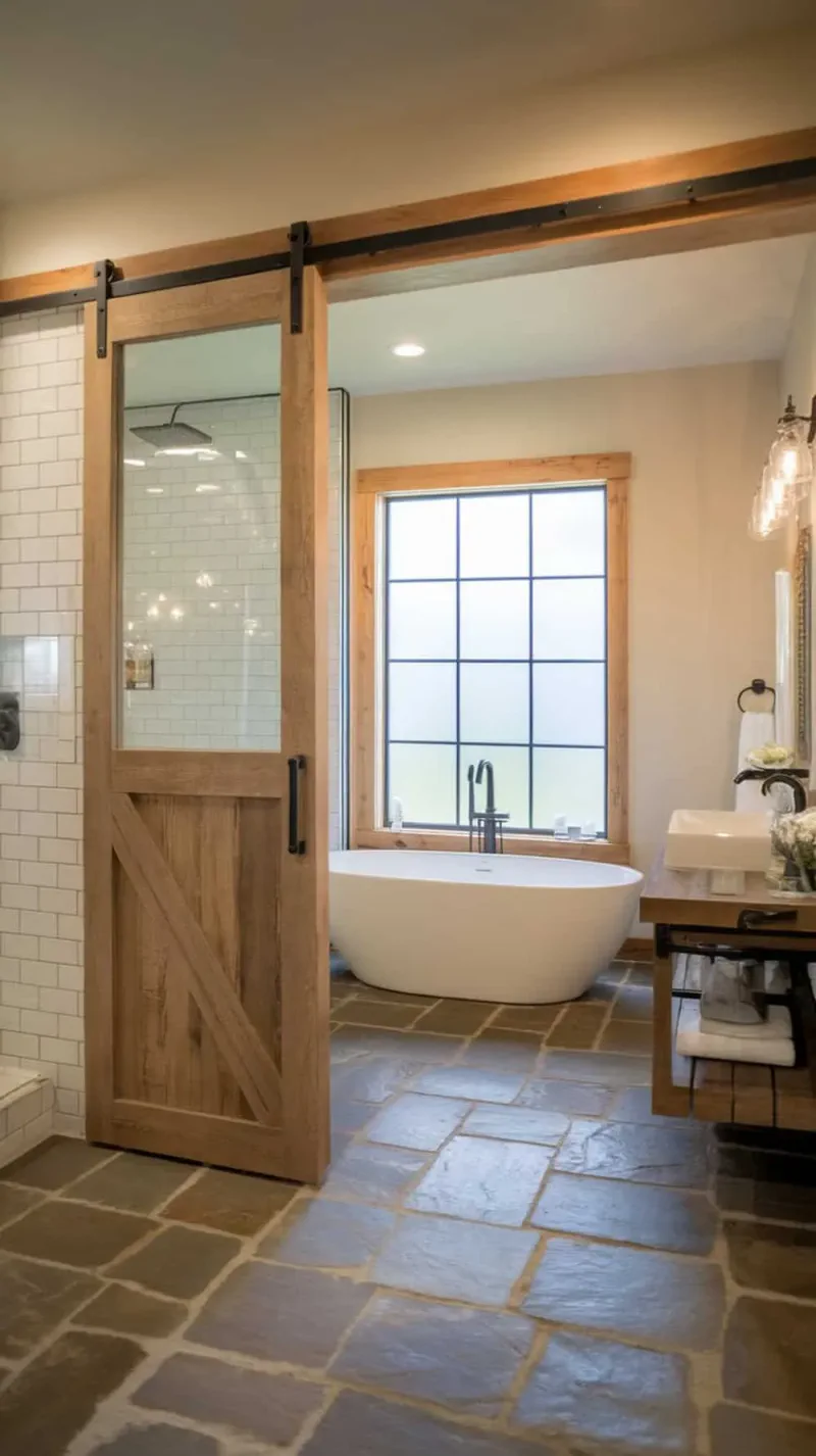 A rustic bathroom featuring a barn door entry with sleek hardware, showcasing a modern bathtub and natural light.