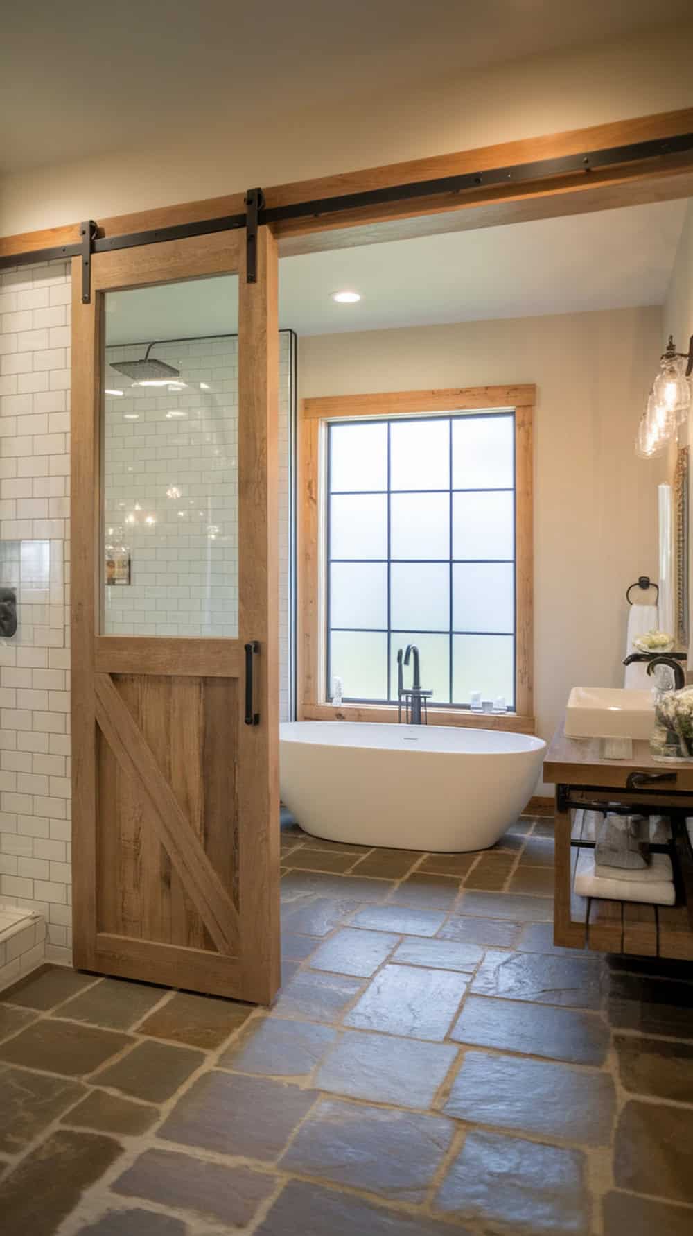 A rustic bathroom featuring a barn door entry with sleek hardware, showcasing a modern bathtub and natural light.