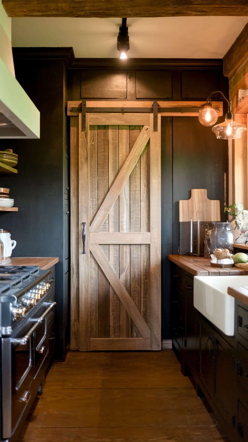 A rustic kitchen featuring a barn door pantry with an aged wood look.