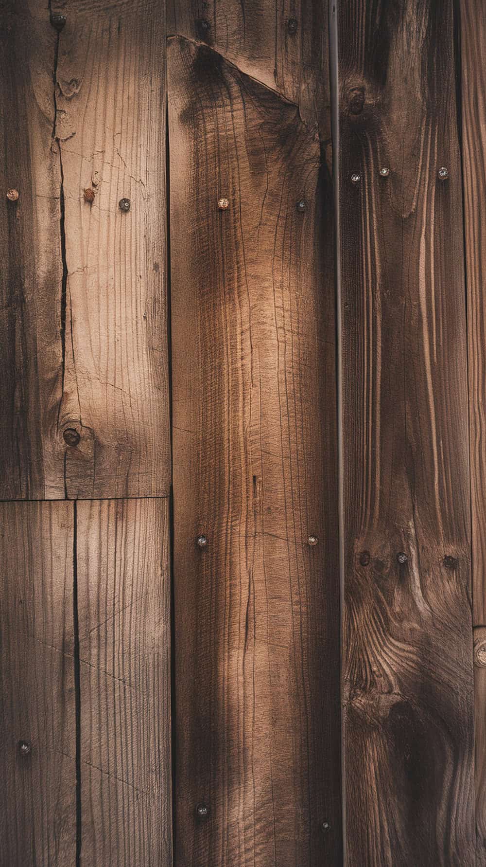 A close-up of a barn wood wall showing natural textures and exposed nail heads.
