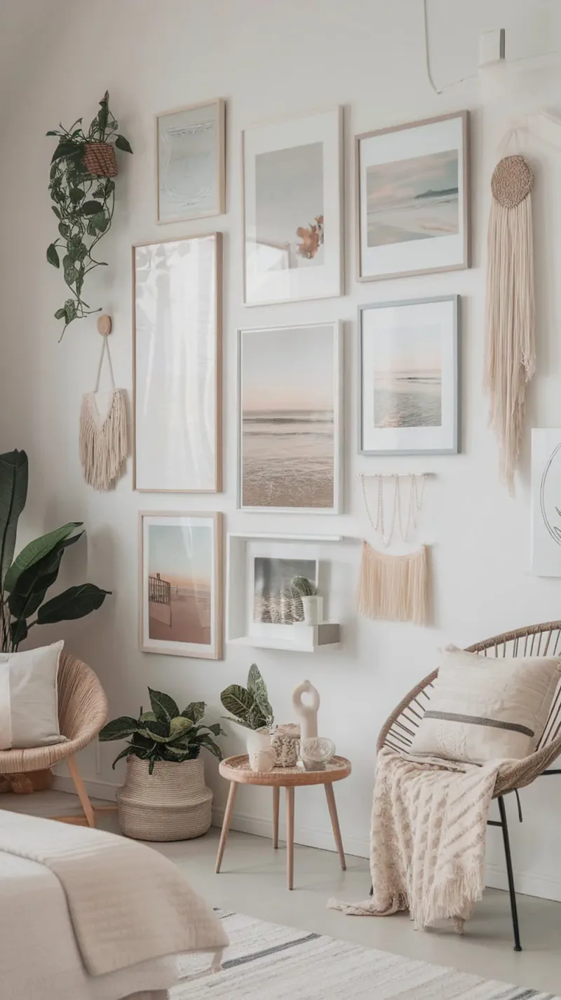 Gallery wall with beach-themed art and neutral frames in a cozy bedroom setting.