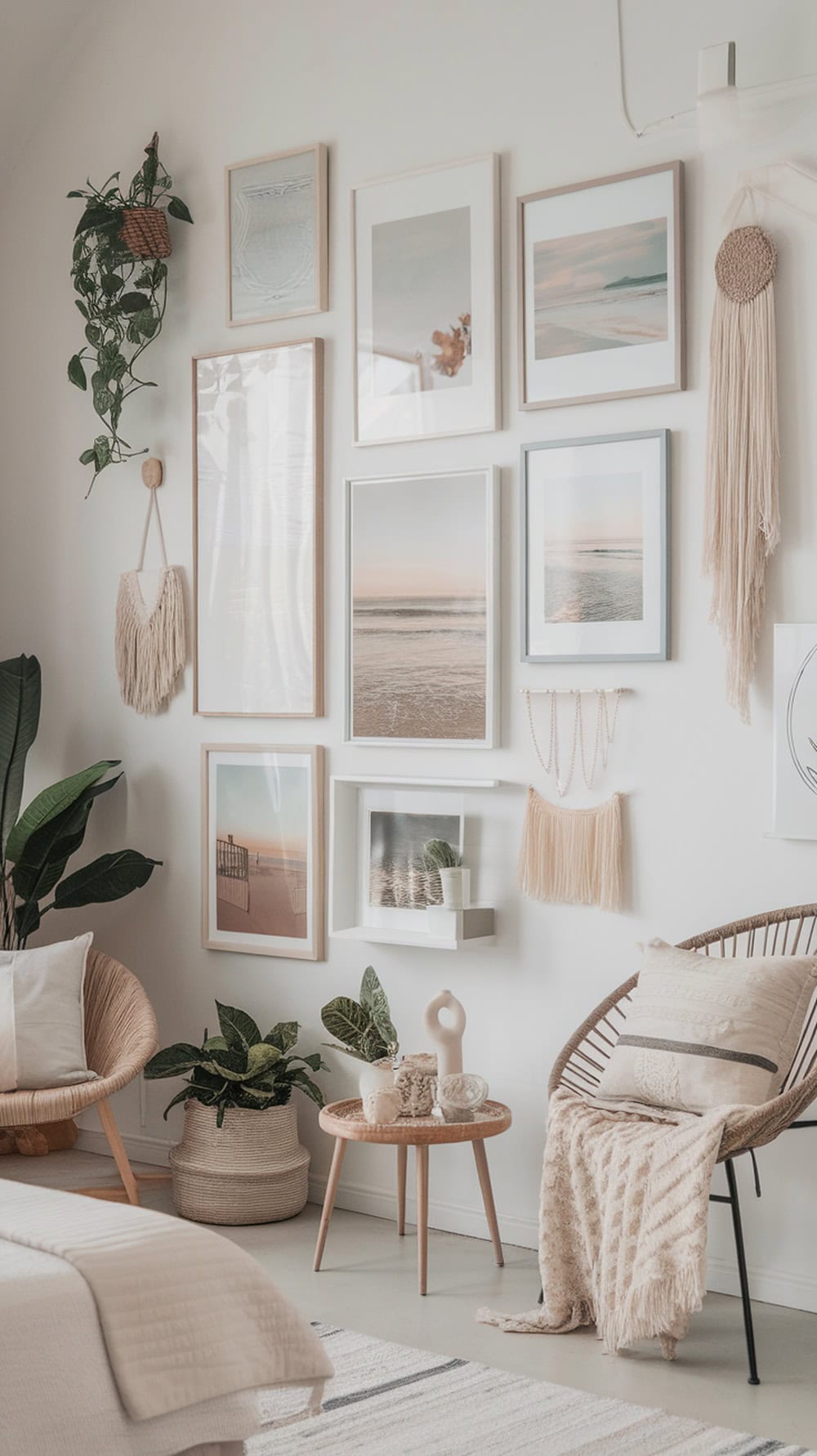 Gallery wall with beach-themed art and neutral frames in a cozy bedroom setting.