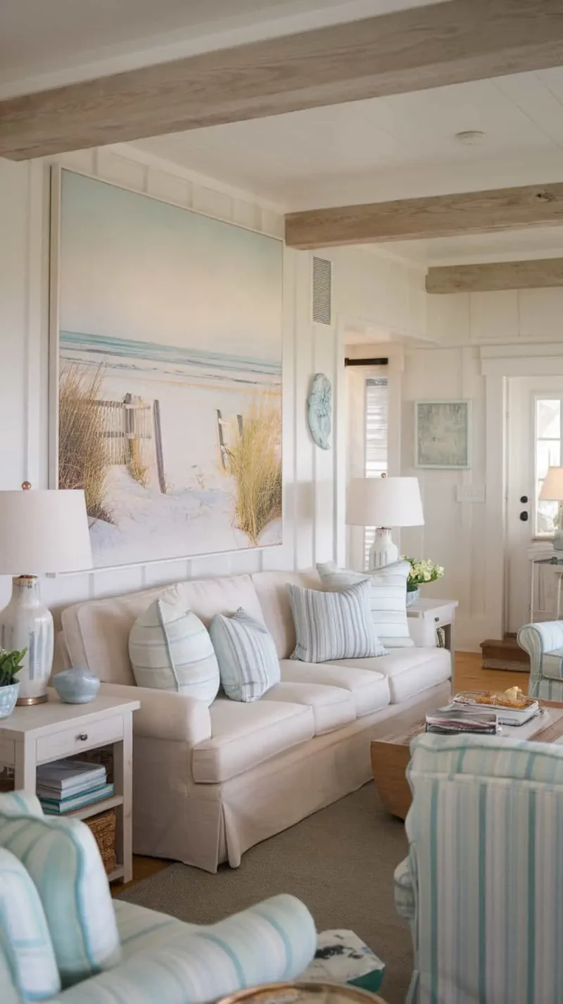 Coastal living room with beach artwork above the sofa